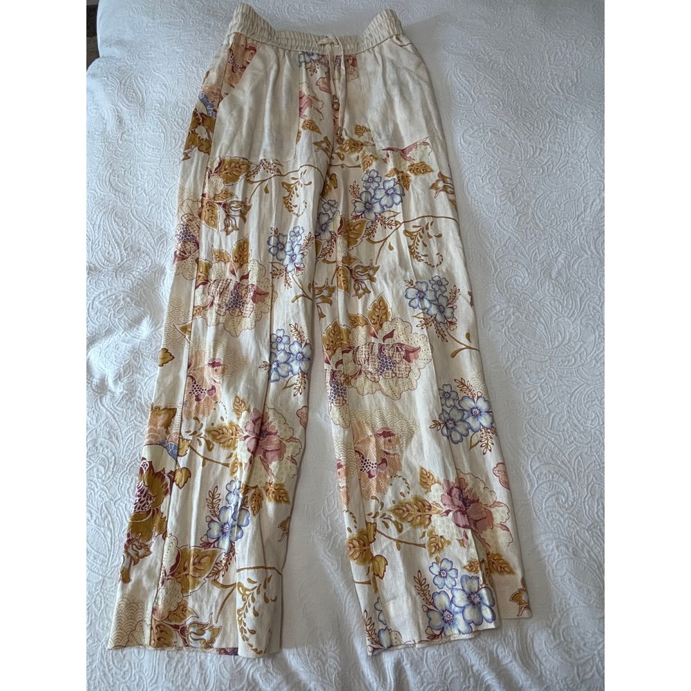 House of Harlow 1960 Linen Blend Floral Boho Wide Leg Pants Cream Small